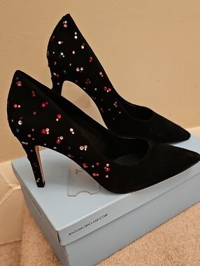 ANTONIO MELANI Black Suede Pointed Pump with Multicolor Sequin Embellishment